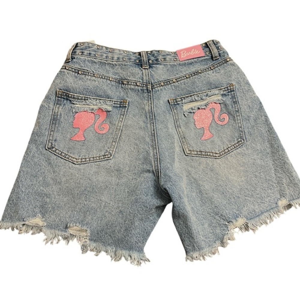 Barbie Light Blue Distressed Denim Jean Shorts with Pink Logo Patches
